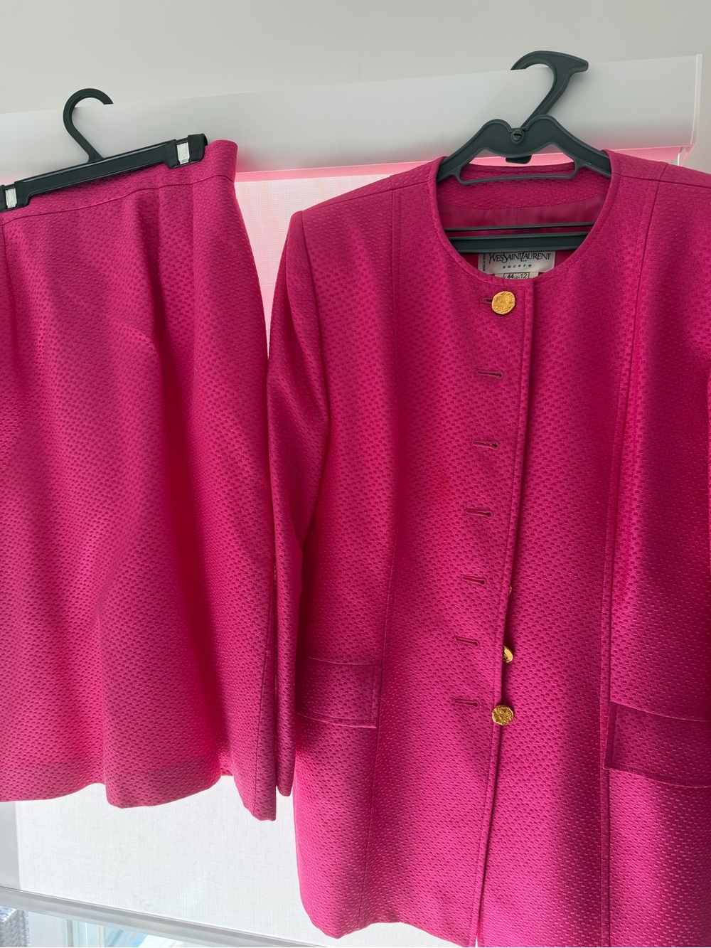 Vintage 70s Yves Saint Laurent Vibrant Fuchsia Skirt Suit with Gold Buttons